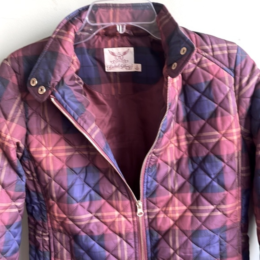 Faded Glory winter jacket size S, in plaid reds, orange, and navy